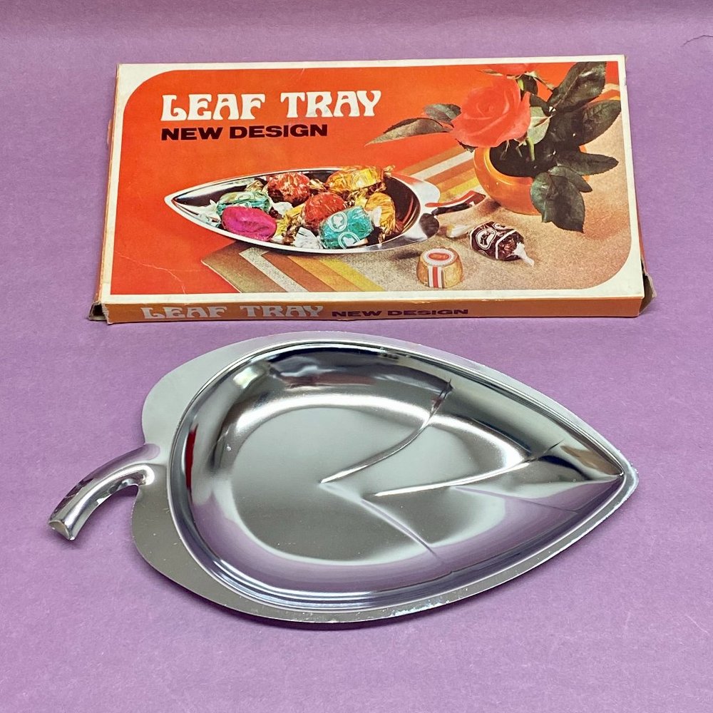 Vintage Stainless Steel Leaf Dish Tray Midcentury Modern